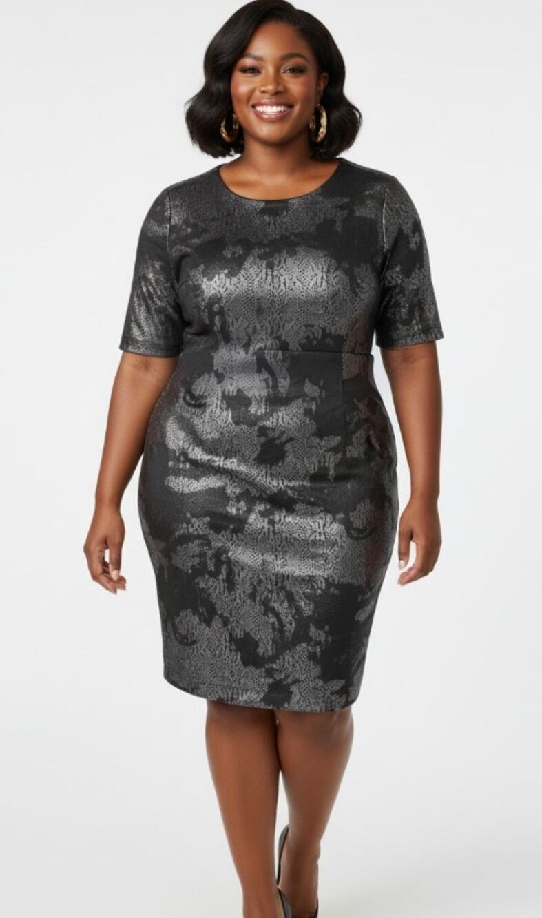 Catherine Malandrino Metallic Silver Black Snake Print Sheath Dress Size XLarge
